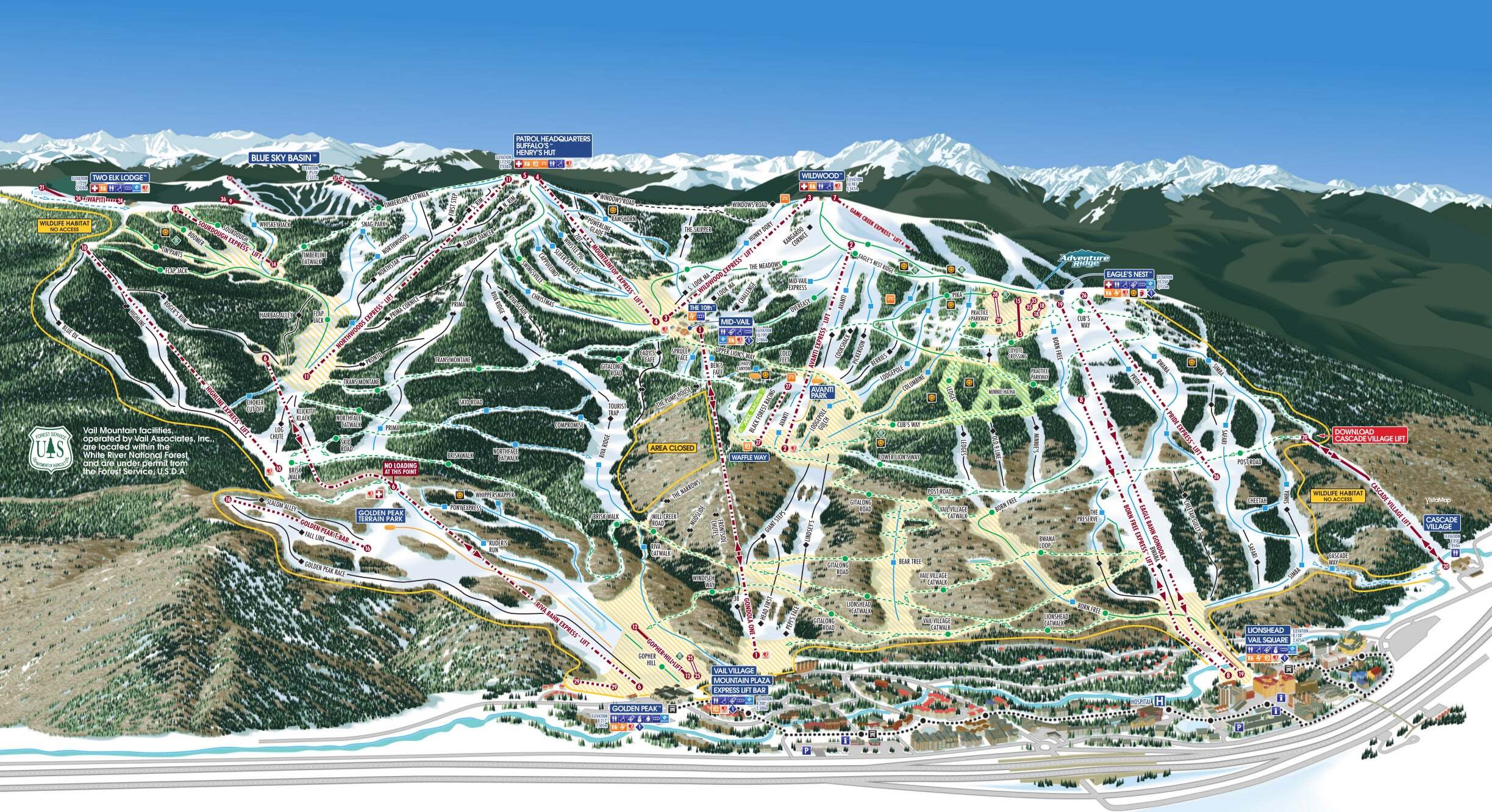 Click the map to view a full-sized version of the trails at Vail ski resort.