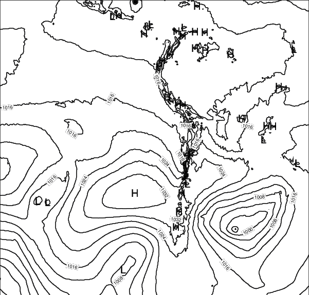 南アメリカ用の天気図と雪の状態