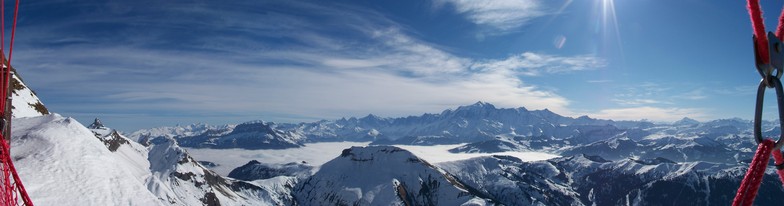 Extreme panorama on Mont Blanc at the top of La Blame area, La Clusaz