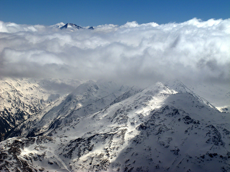 Flying over Alps in Austria, Hintertux