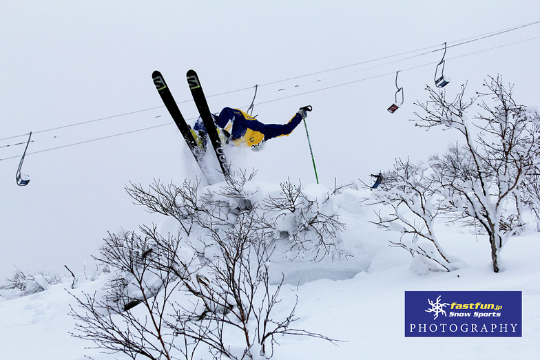 Rider Drew Nickless getting upside down on Christmas day, Niseko Grand Hirafu