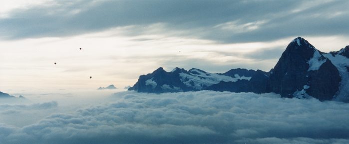 Hot air balloons over Eiger, Mürren